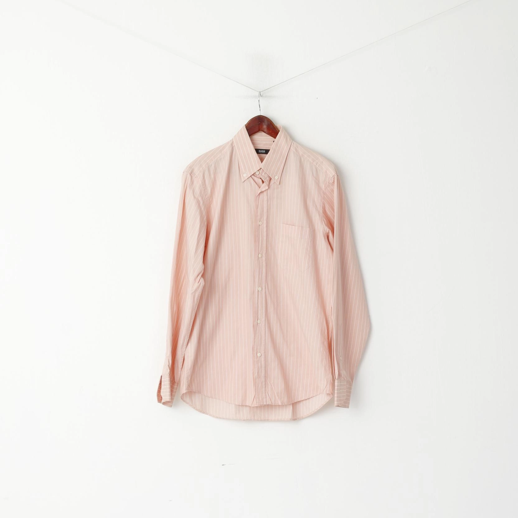 Hugo Boss Men 40 15.5 L Casual Shirt Light Pink Striped Cotton Long Sleeve Top Daytime Look