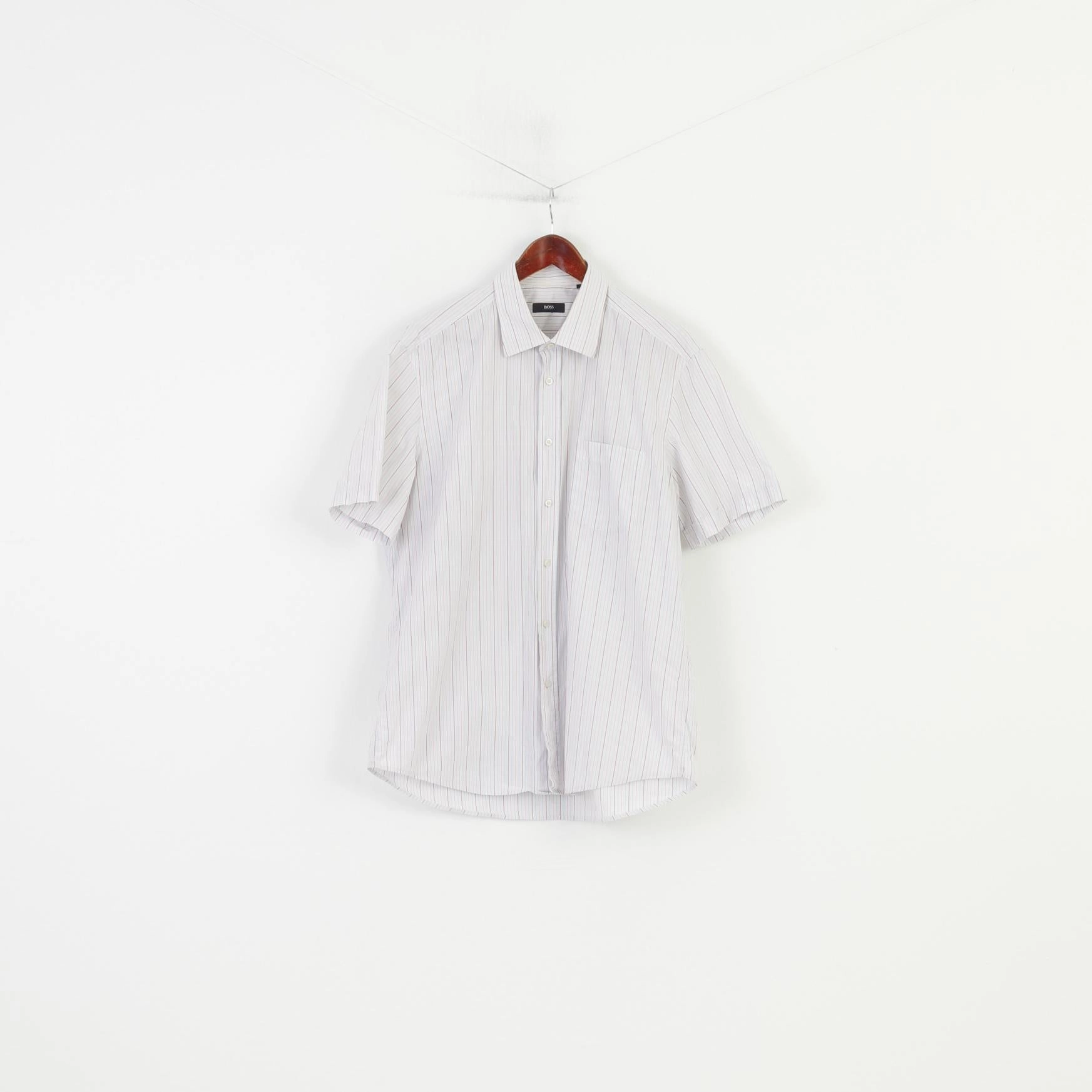 Hugo Boss Men 44 17.5  Casual Shirt Short Sleeve  Cotton Classic Striped White Top Active Wear