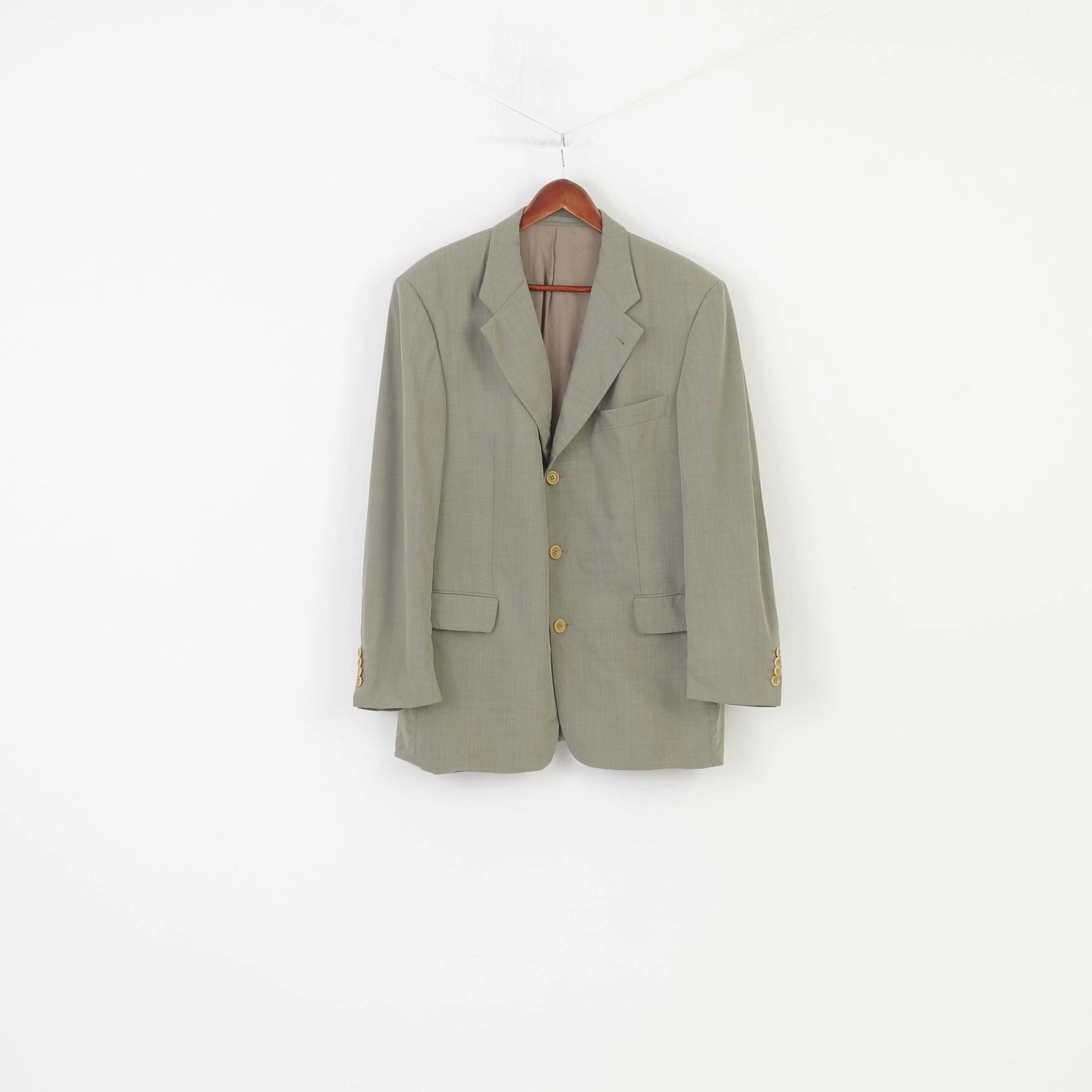 Stretchable Panels Hugo Boss Men 52 Blazer Green Wool Collar Elegant Shoulder Pads Jacket