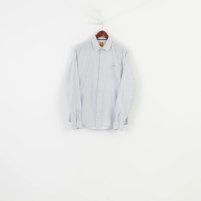 Non Chafe Seams Hugo Boss Men L Casual Shirt White Blue Cotton Printed Long Sleeve Slim Fit Geometric Top