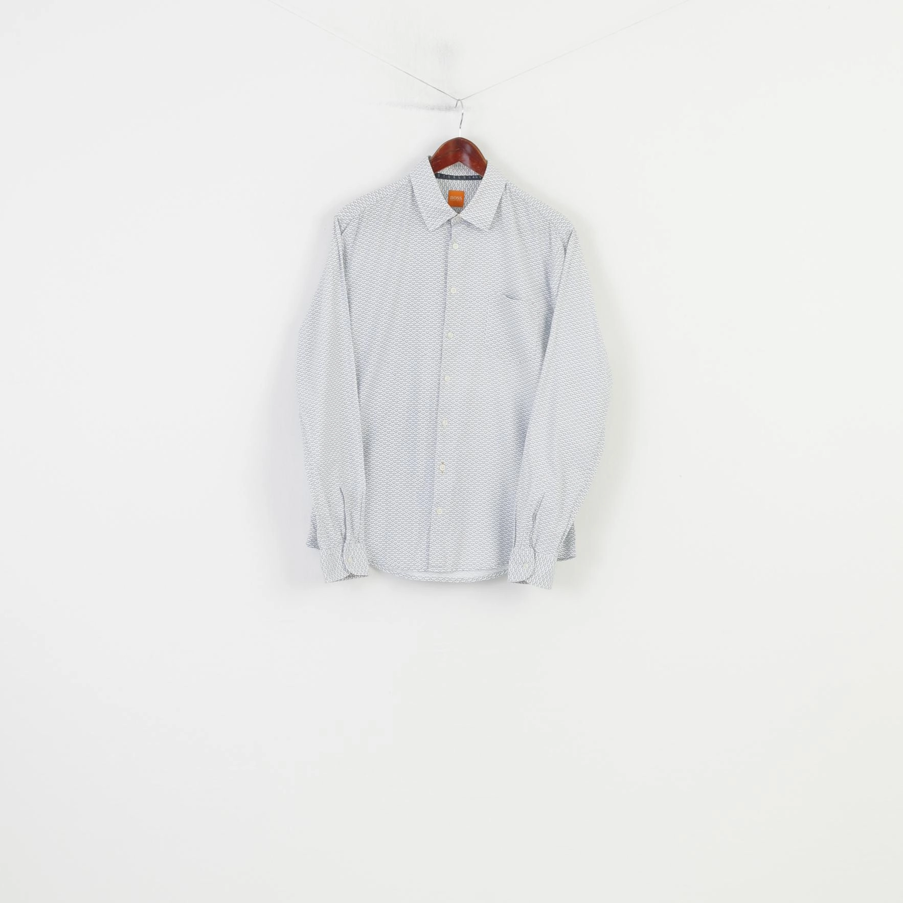 Non Chafe Seams Hugo Boss Men L Casual Shirt White Blue Cotton Printed Long Sleeve Slim Fit Geometric Top