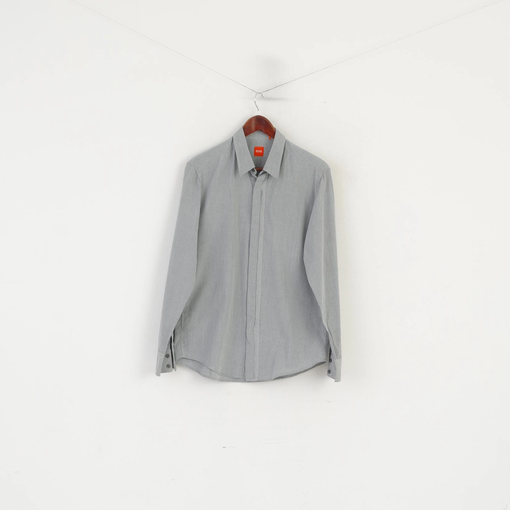 Practical Choice Hugo Boss Men L (M) Casual Shirt Grey Striped Cotton Hidden Buttons Long Sleeve Top