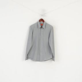 Practical Choice Hugo Boss Men L (M) Casual Shirt Grey Striped Cotton Hidden Buttons Long Sleeve Top