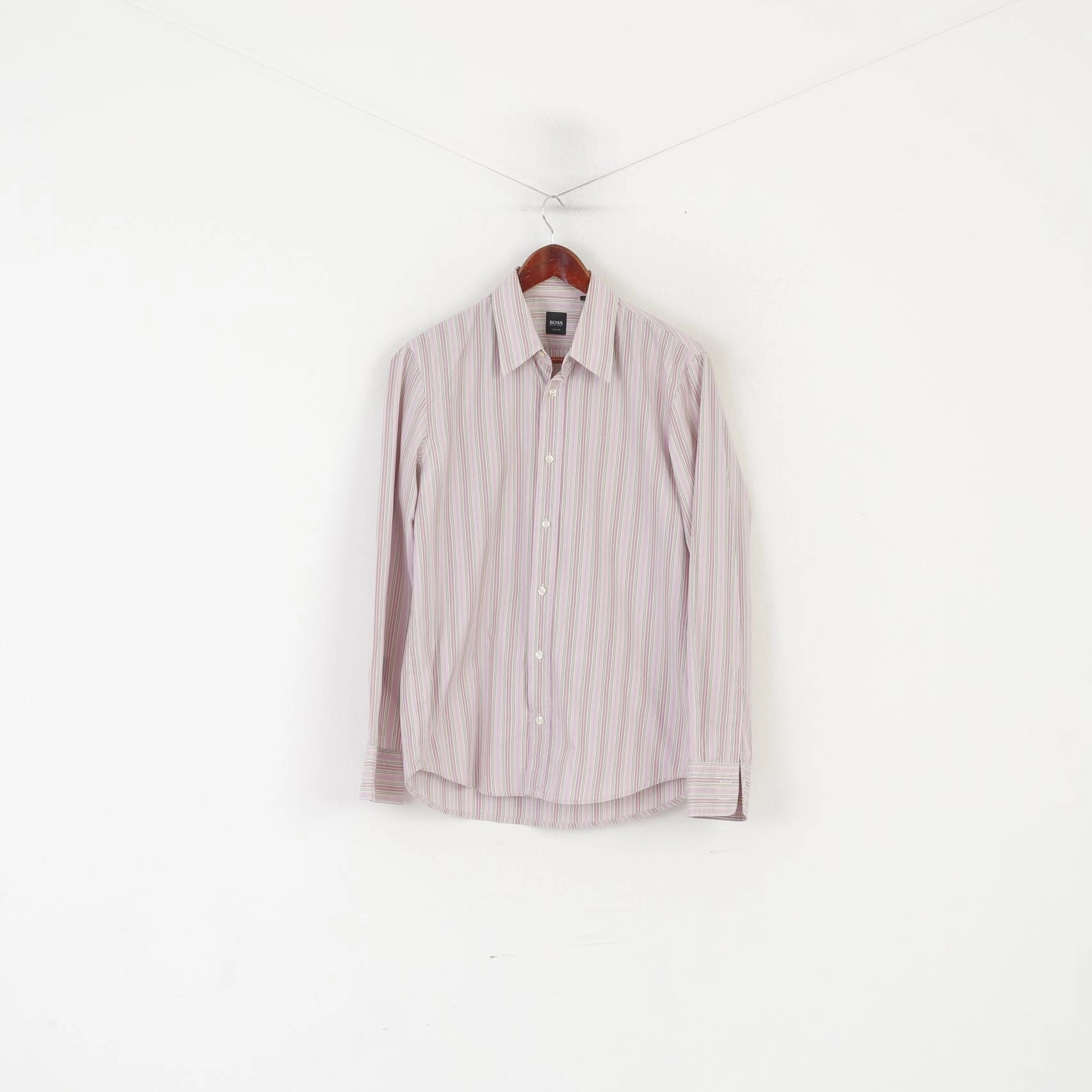Hugo Boss Men M Casual Shirt Pink Cotton Striped Slim Fit Long Sleeve Top Corporate Event