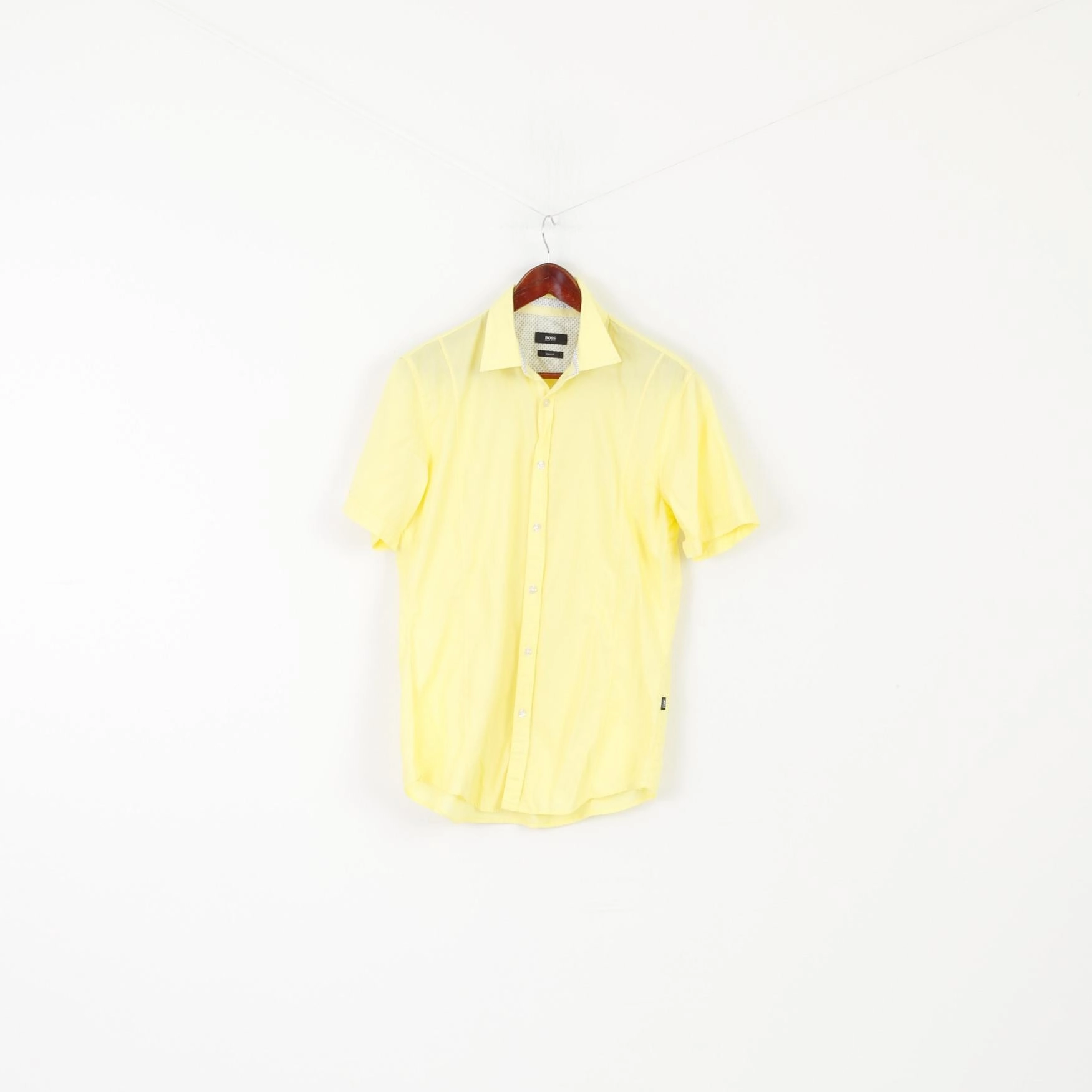 Hugo Boss Men M Casual Shirt Yellow Cotton Slim Fit Short Sleeve Classic Top Premium Pima Cotton