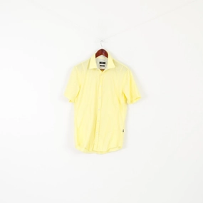 Hugo Boss Men M Casual Shirt Yellow Cotton Slim Fit Short Sleeve Classic Top Premium Pima Cotton