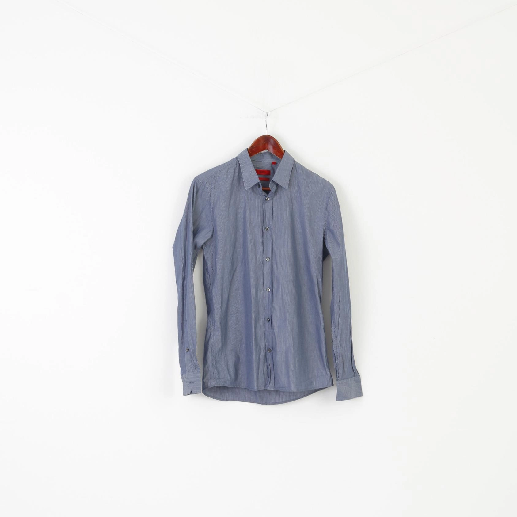 Hugo Boss Men S Casual Shirt Blue Striped Cotton Slim Fit Long Sleeve Top Structured Collar