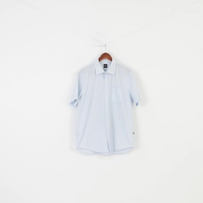 Hugo Boss Men XL Casual Shirt Striped Blue Collar Cotton Short Sleeve Top Urban Fashion