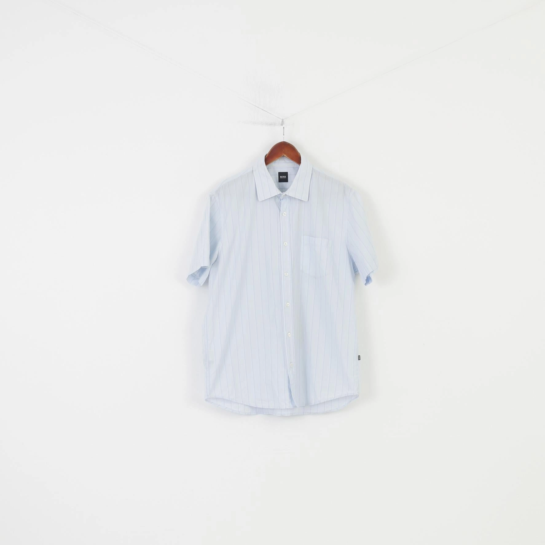 Hugo Boss Men XL Casual Shirt Striped Blue Collar Cotton Short Sleeve Top Urban Fashion