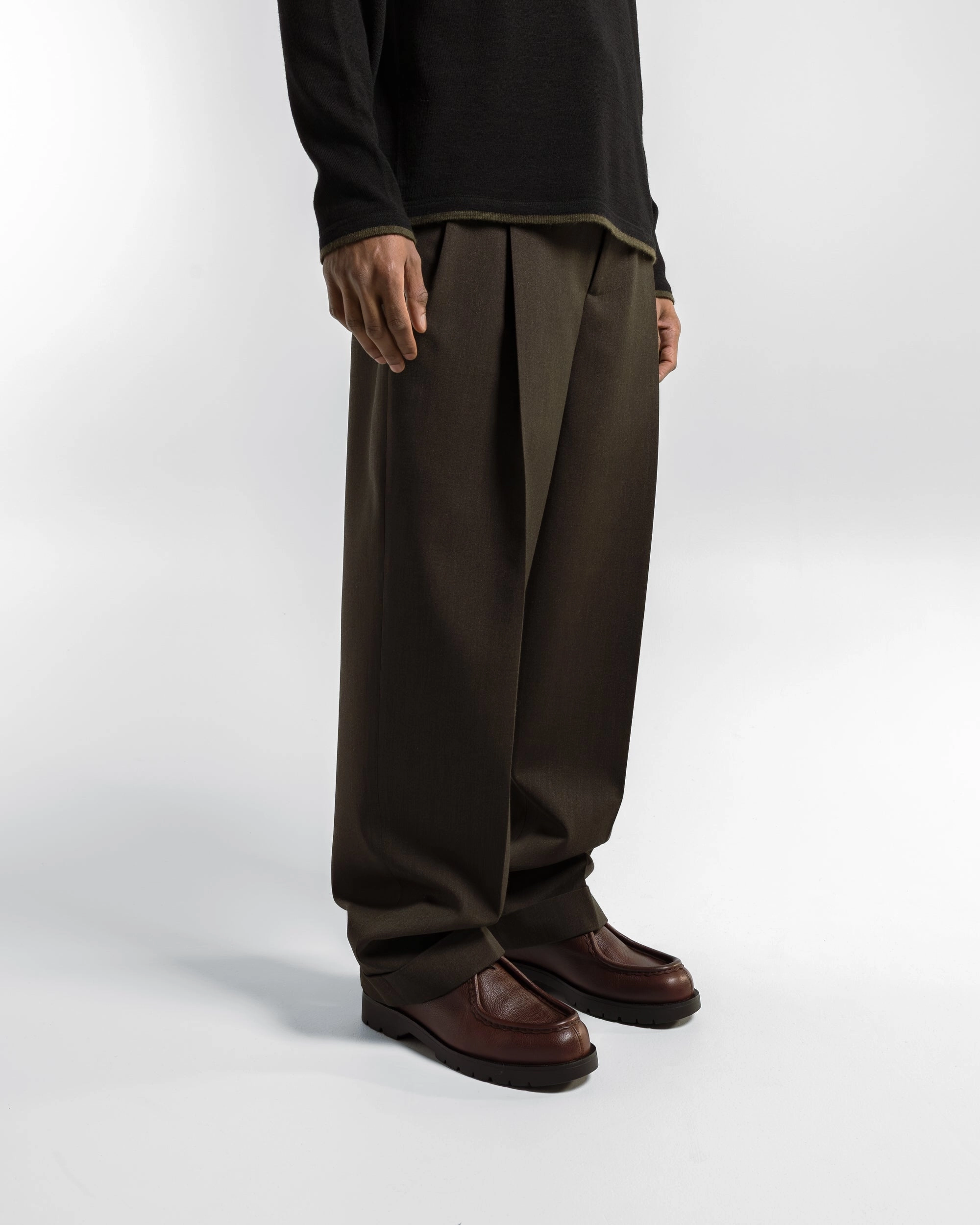 Functional Fit Workwear Stitch Pleat Trousers - Khaki Brown Compact Wool Serge