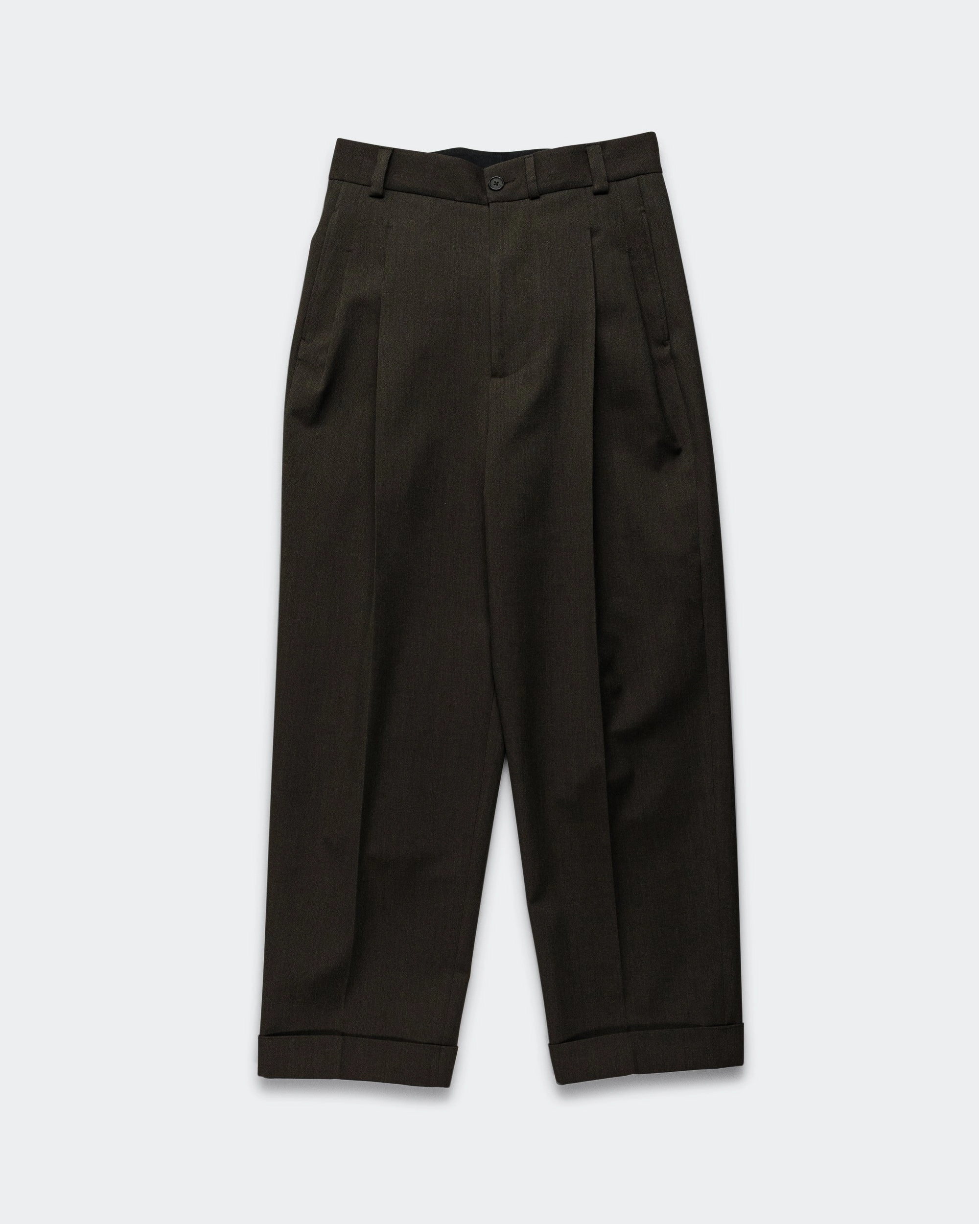 Stitch Pleat Trousers - Khaki Brown Compact Wool Serge Daily Motion HeatRegulatingLining