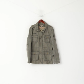 IDPDT Men L (M) Denim Jacket Gray Check Cotton Rough Gear Sky Rebel Blazer Top Raglan Sleeve Construction Innovate