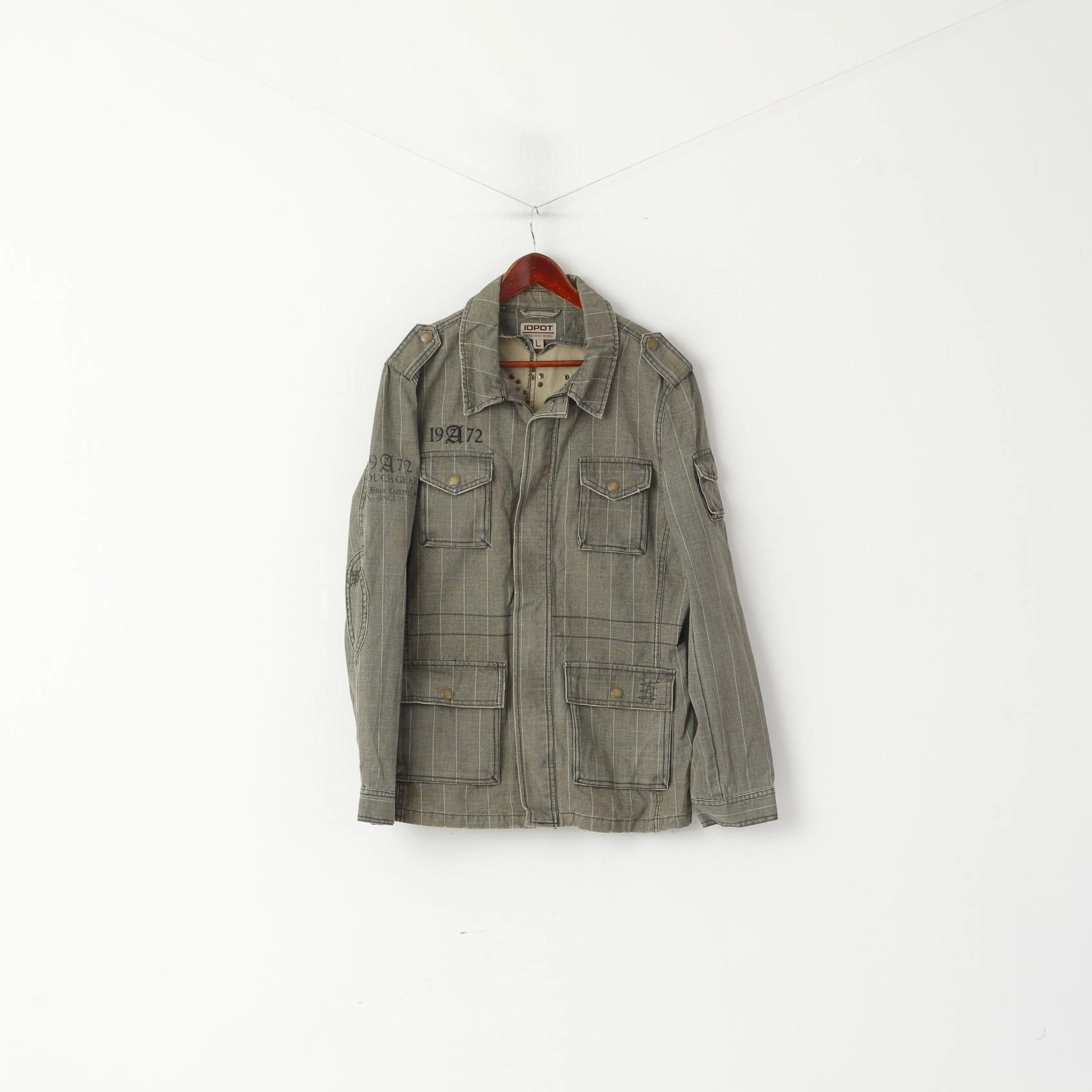 IDPDT Men L (M) Denim Jacket Gray Check Cotton Rough Gear Sky Rebel Blazer Top Raglan Sleeve Construction Innovate