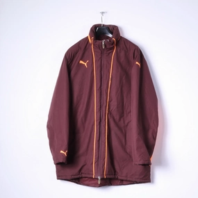 PUMA Mens XL Jacket Maroon Full Zipper Hidden Hood Padded Sport Orange Logo Top Unique