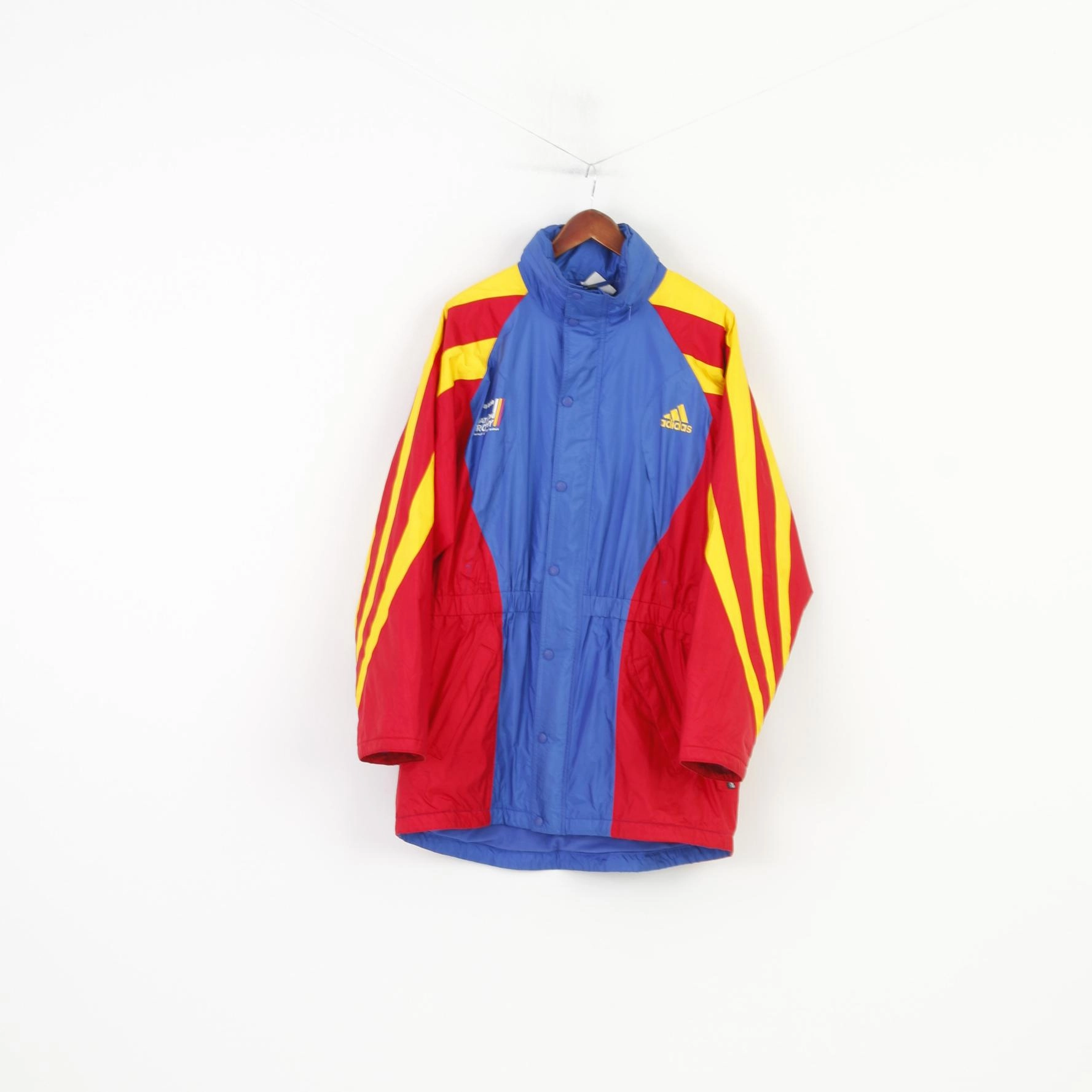 Template Adidas Men 186 L Jacket Blue Vintage Parka Full Zipper Hidden Hood Nylon 90s Top