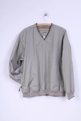 IZOD Mens L Jacket Taupe V Neck Sport Light Reflective Logos