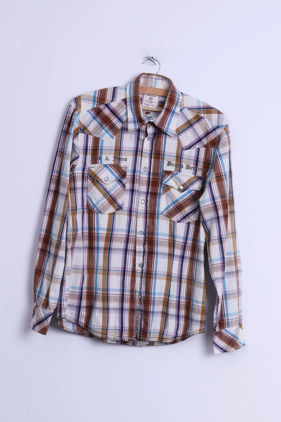 Nautical Look Jack & Jones Mens M Casual Shirt Cotton Brown Checkered Vintage Denim Long Sleeve