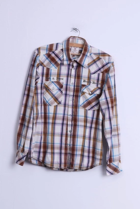 Nautical Look Jack & Jones Mens M Casual Shirt Cotton Brown Checkered Vintage Denim Long Sleeve