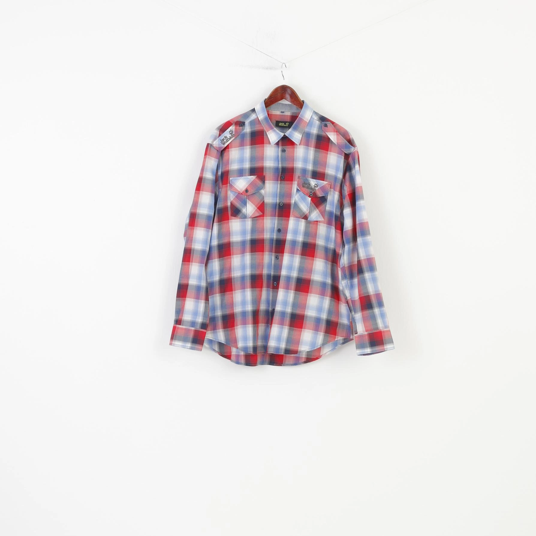 Jack Wolfskin Men XXL Casual Shirt Checkered Long Sleeve Blue Red Collar Cotton  Top Trendy designs