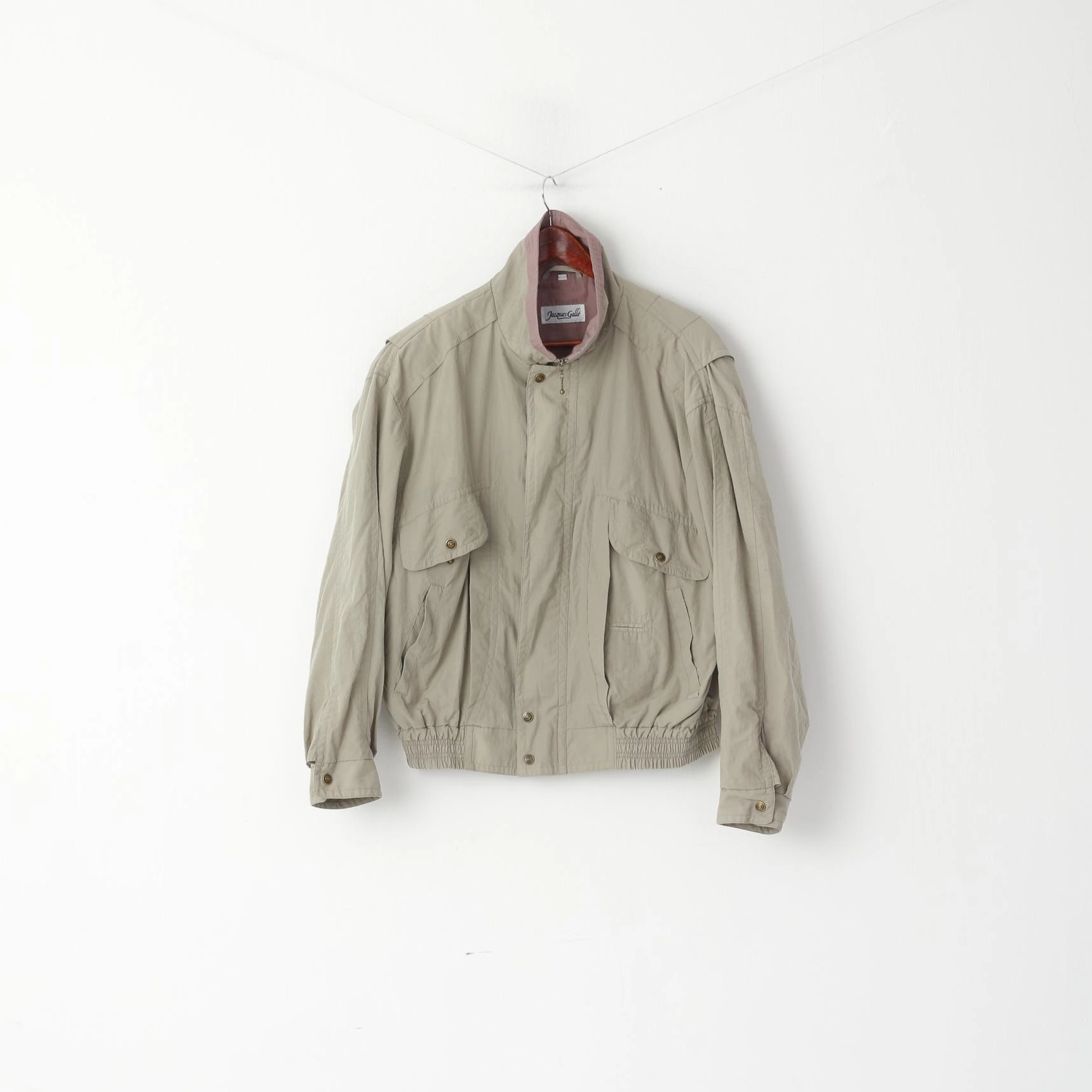 Jacques Galle Men 48 M Bomber Jacket Khaki Full Zipper Shoulder Pads Vintage Top Climb