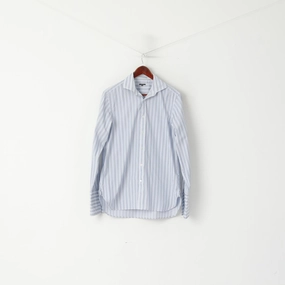 Jaeger London Men 15.5 M Casual Shirt Blue Striped Cotton Cuff Long Sleeve Top Camouflage Print Relaxed Vibe