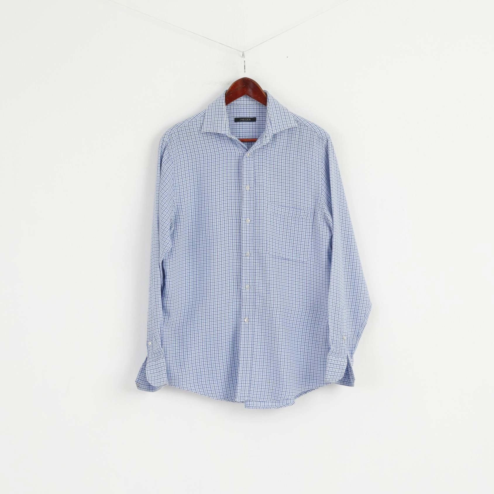 High Density Weave Smooth Texture Jaeger Men 15.5 39 M Casual Shirt Blue Houndstooth Cotton Long Sleeve Top