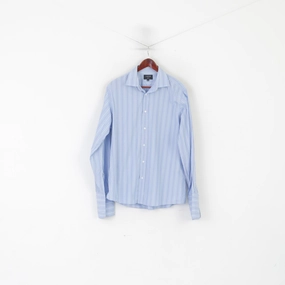 Polished Look Jaeger Men 16.5 L Casual Shirt Blue Striped Cotton Slim Fit Long Sleeve Cuff Top