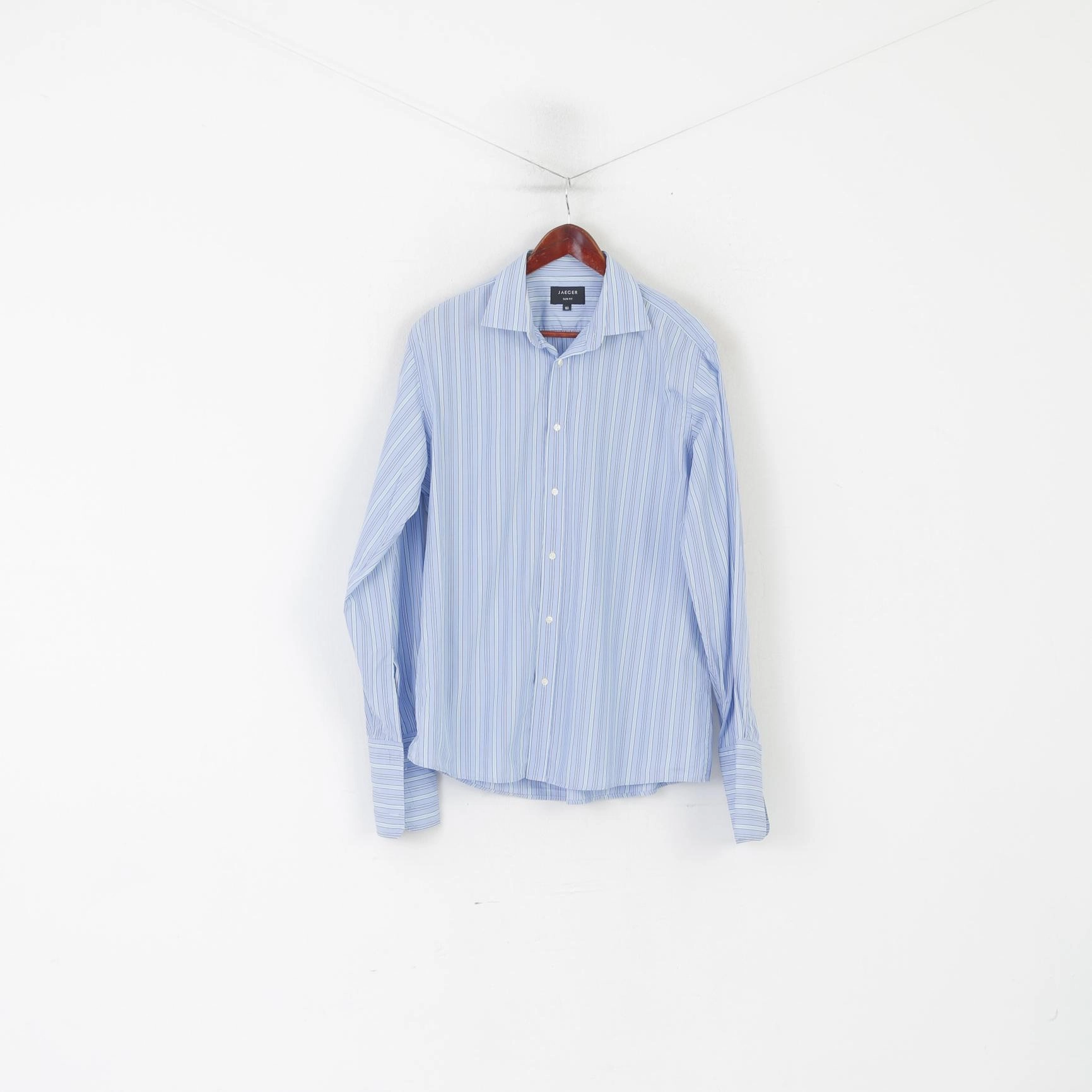 Polished Look Jaeger Men 16.5 L Casual Shirt Blue Striped Cotton Slim Fit Long Sleeve Cuff Top