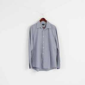 Trendy Vibes Stylish Appearance Jaeger Men 16 L Casual Shirt Blue Cotton Striped Long Sleeve Detailed Buttons Top