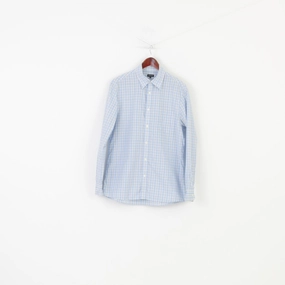 Jaeger Men M Casual Shirt Checkered Long Sleeve Blue Cotton Classic Top Practical Choice