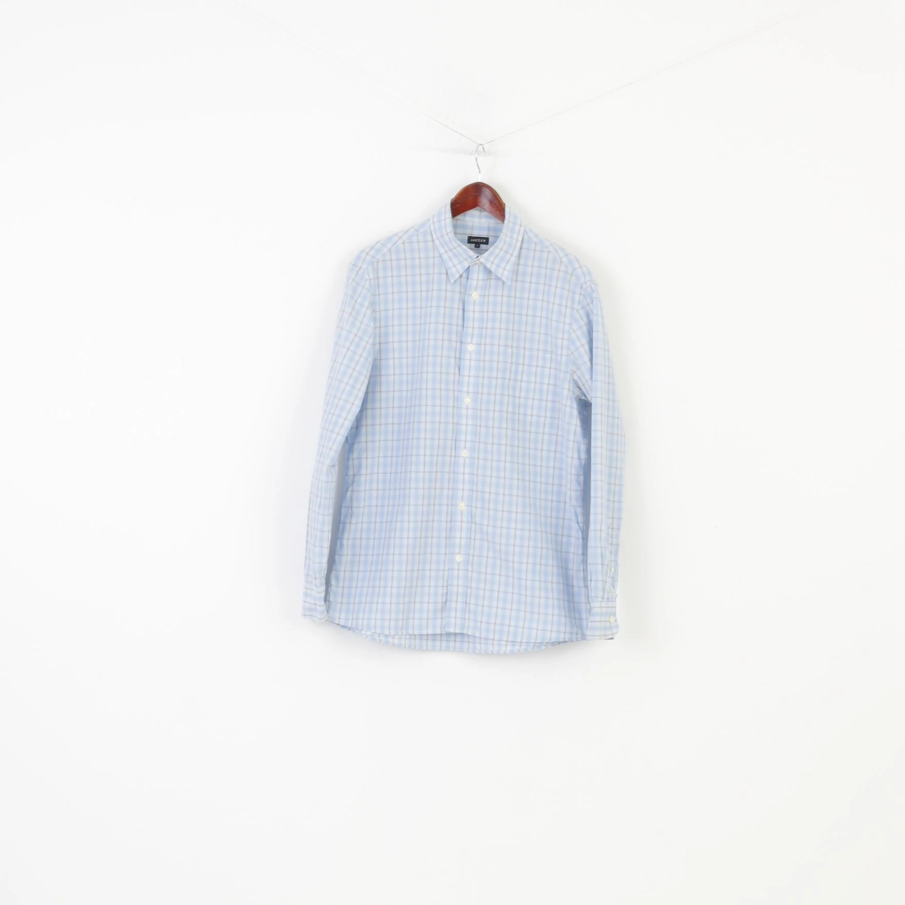 Jaeger Men M Casual Shirt Checkered Long Sleeve Blue Cotton Classic Top Practical Choice