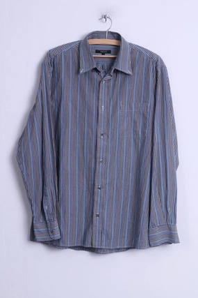 tailored look Dressy look Jaeger Mens L Casual Shirt Blue Cotton Striped Button Down Collar Long Sleeve