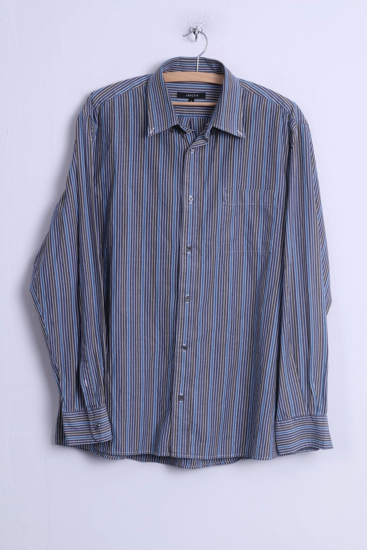 tailored look Dressy look Jaeger Mens L Casual Shirt Blue Cotton Striped Button Down Collar Long Sleeve