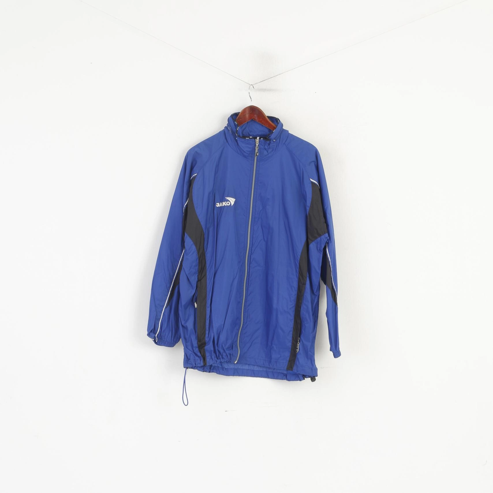 Urban Wear fitted fit Jako Men L  Jacket Blue Nylon Waterproof Hidden Hood Packable Lightweight Top