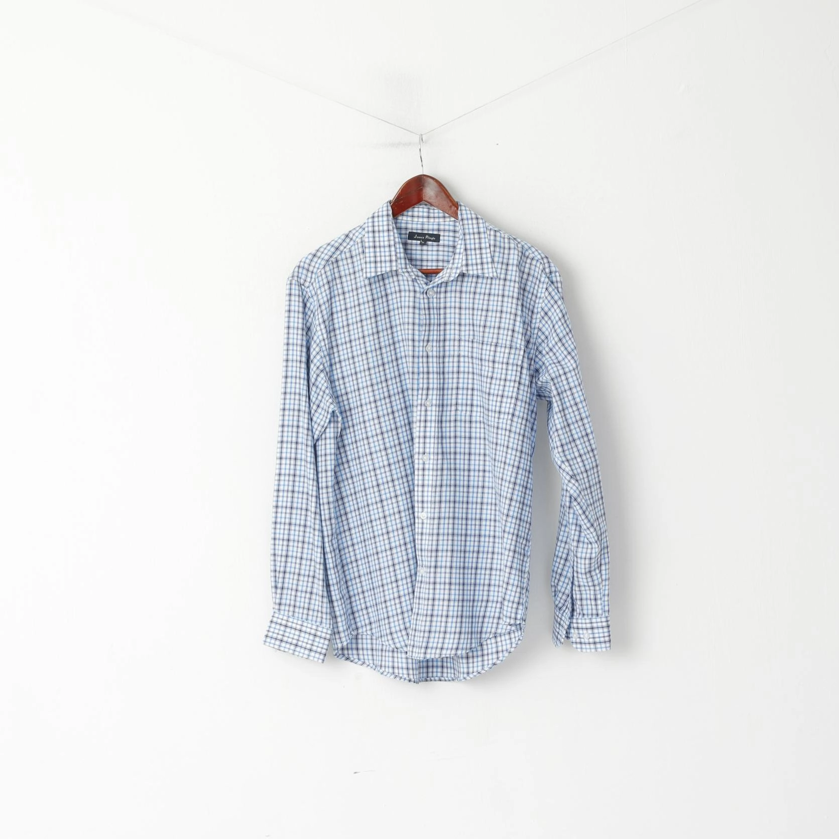 Contemporary Look James Pringle Men M Casual Shirt Blue Check Cotton Pocket Long Sleeve Top