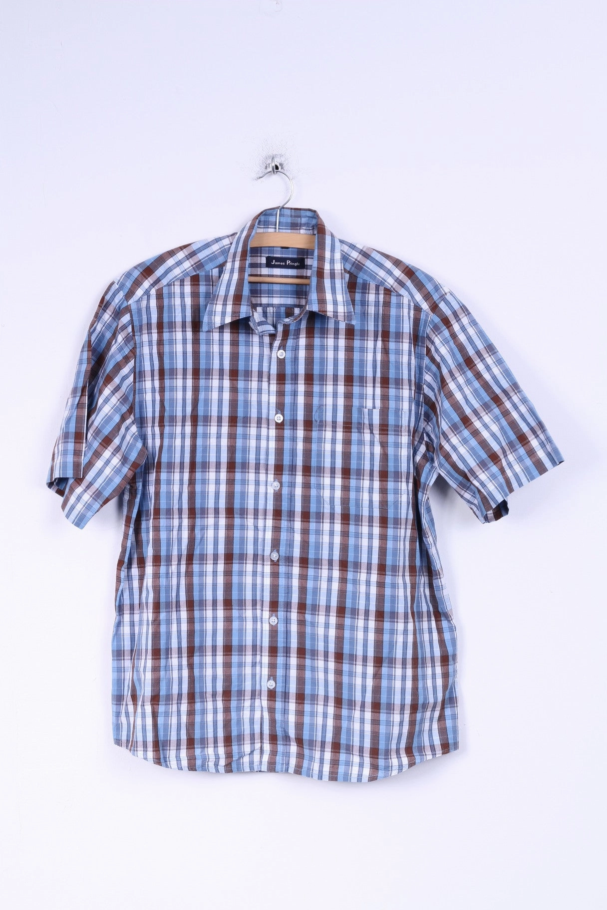 Urban Trend Ergonomic Back Panel James Pringle Mens M Casual Shirt Short Sleeve Check Blue Cotton
