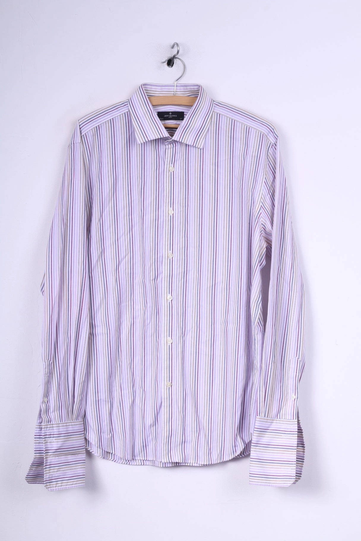Jeff Banks London Mens 43 17 L Casual Shirt Purple Striped Tailored Fit Long Sleeve Cufflinks Ribbed Trim Neutral Tone