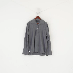 Multi Pocket Utility Jeff Banks Men 41 16 L Casual Shirt Gray Cotton Check Long Sleeve Cuff Top