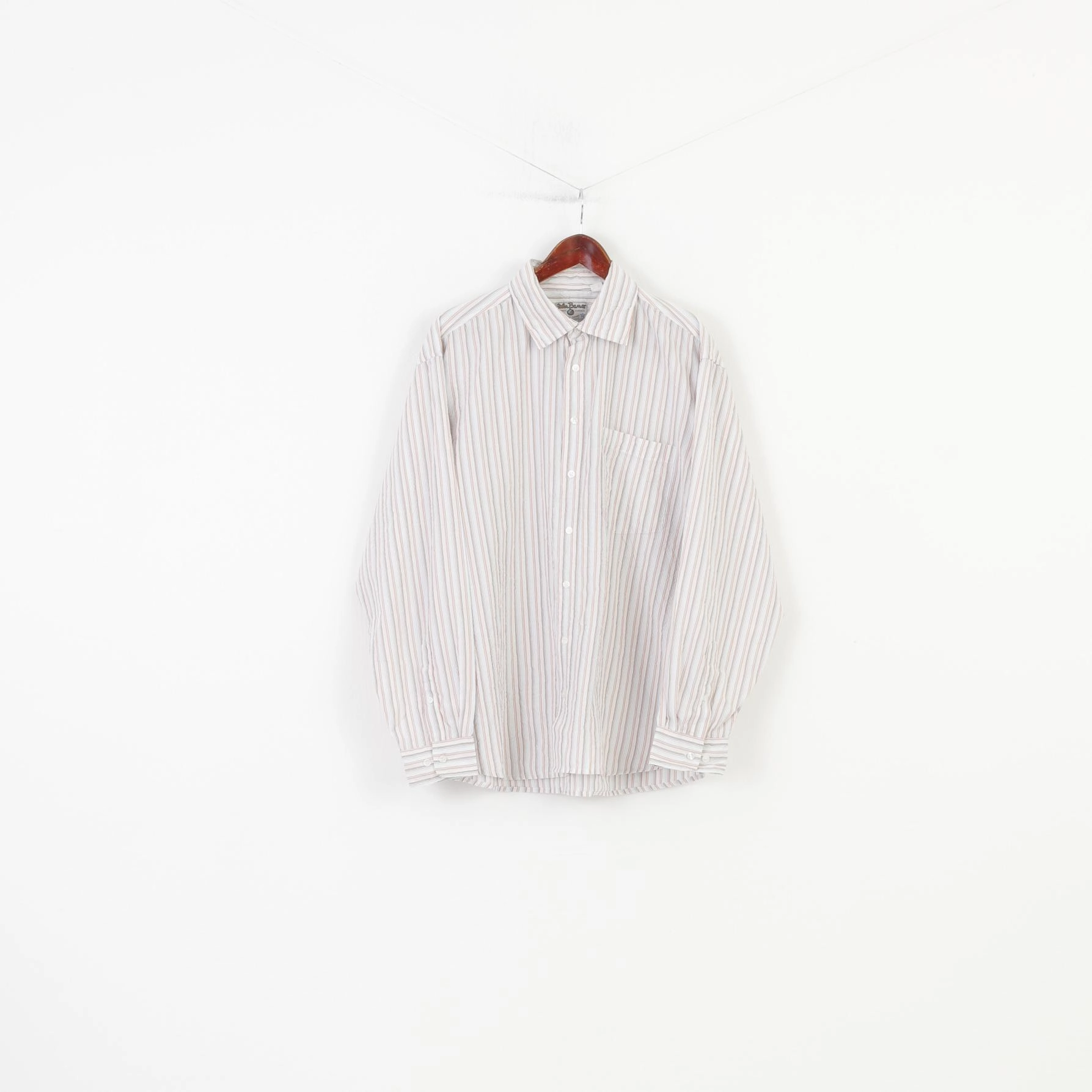 John Baner Men XL 41/42 Casual Shirt Striped Cotton Long Sleeve White Collar Vintage Top Temperature Regulating