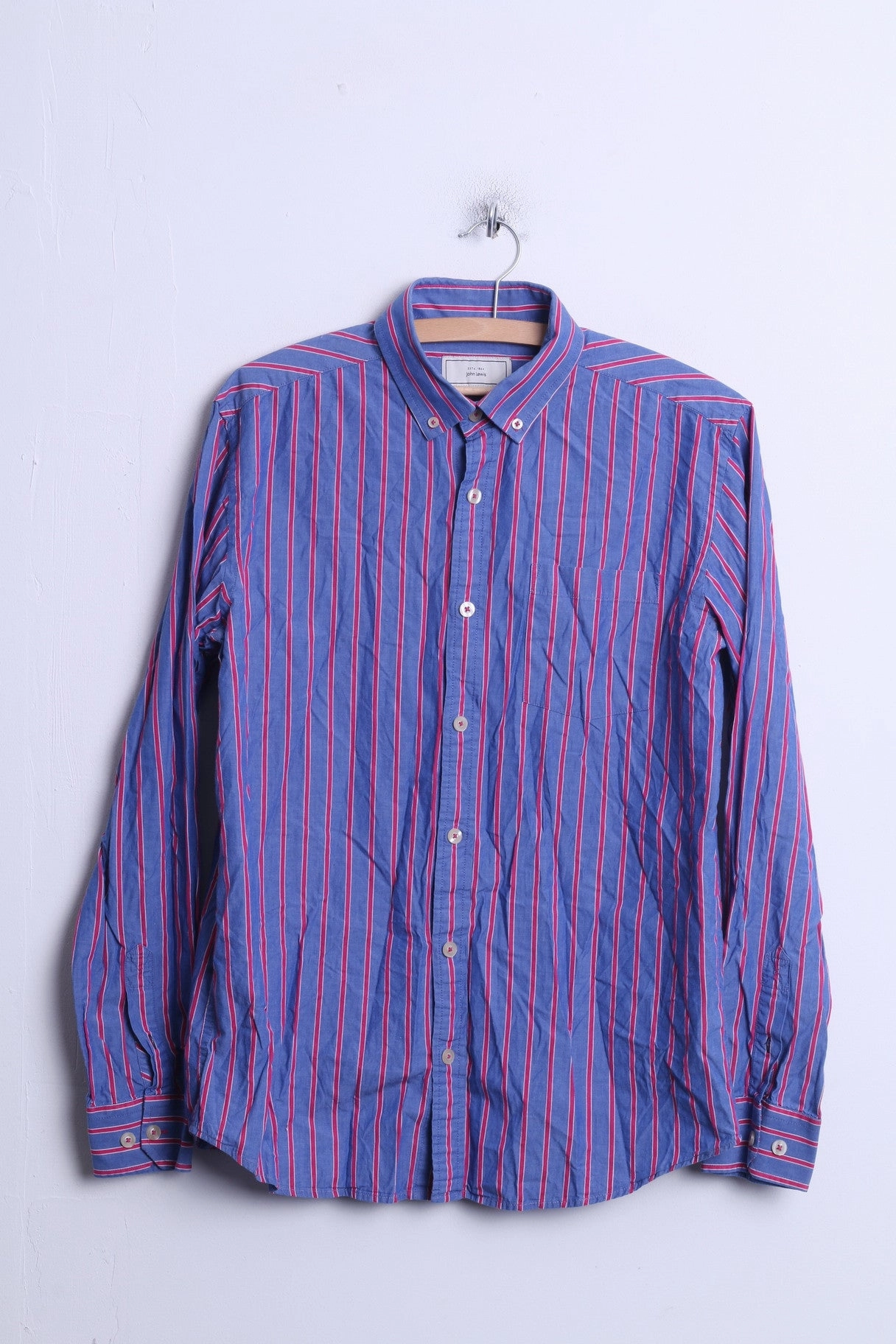 Stylish Detail Special Occasion John Lewis Mens M Casual Shirt Striped Blue Cotton Single Breasted Top