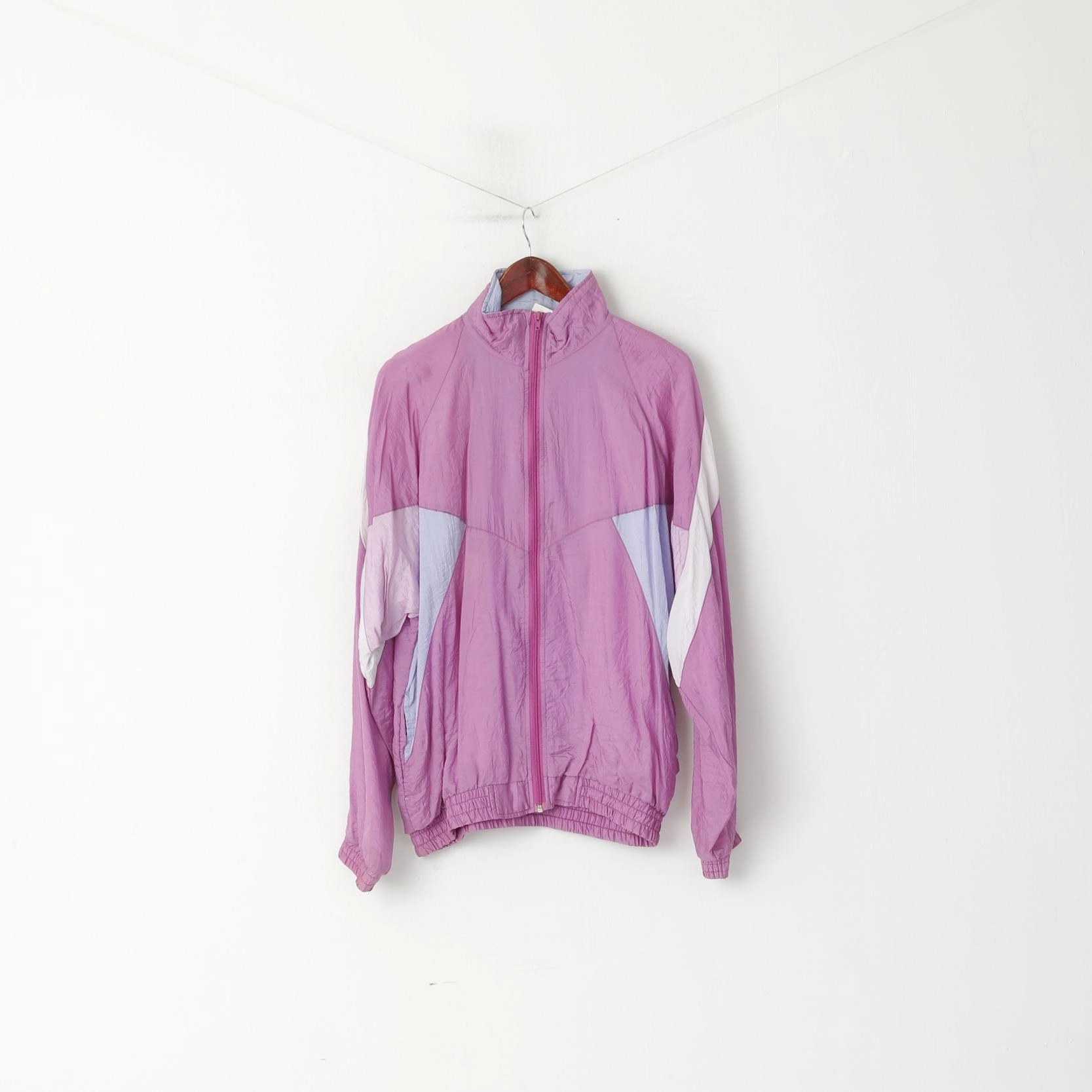 Verve Men L Track Top Jacket Pink Shiny Vintage Zip Up Nylon Festival Active Unisex Top Cold Shield Multi Panel Construction