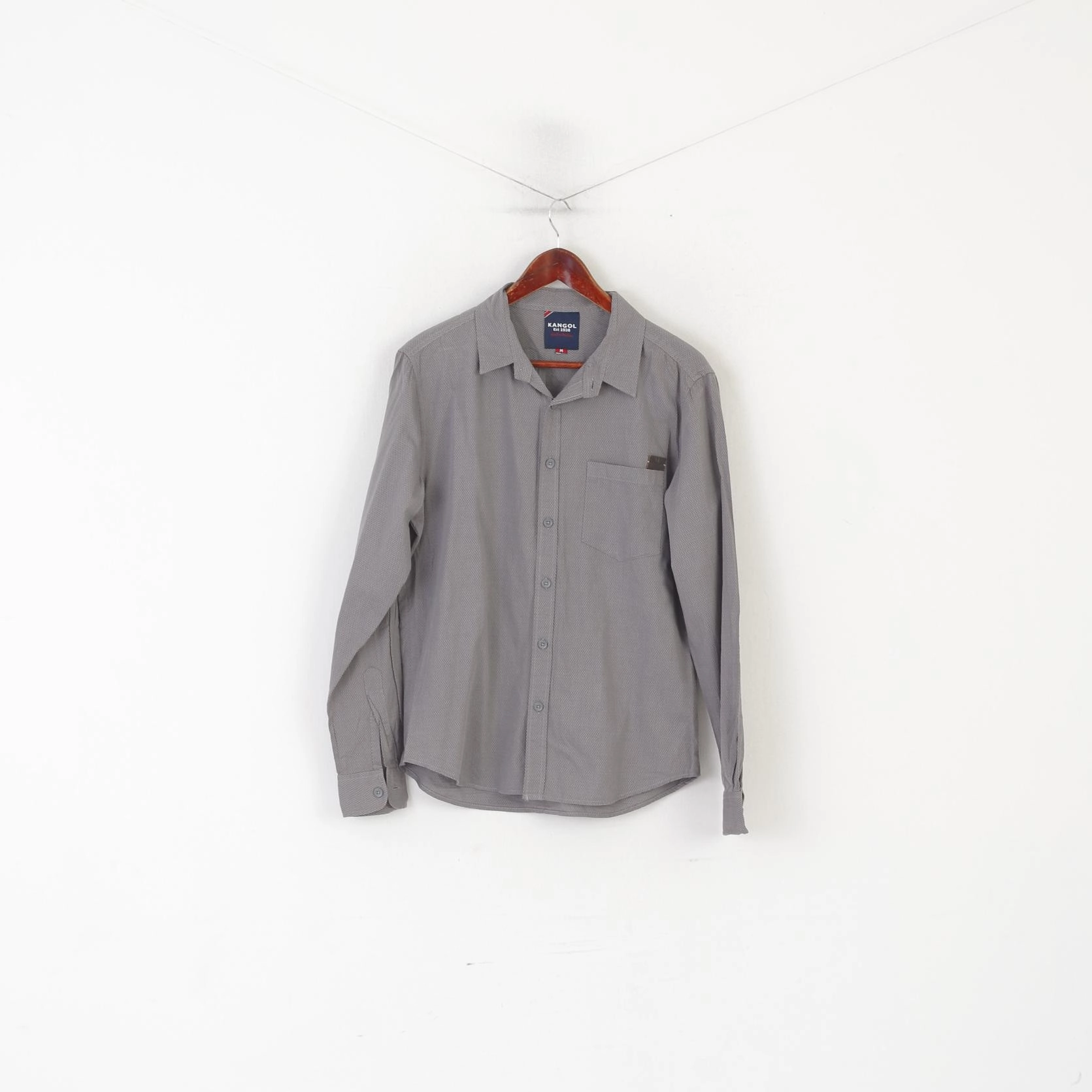 Non Iron Material Subtle Details Kangol Men M Casual Shirt Gryy Cotton Thin Vintage Pocket Long Sleeve Top