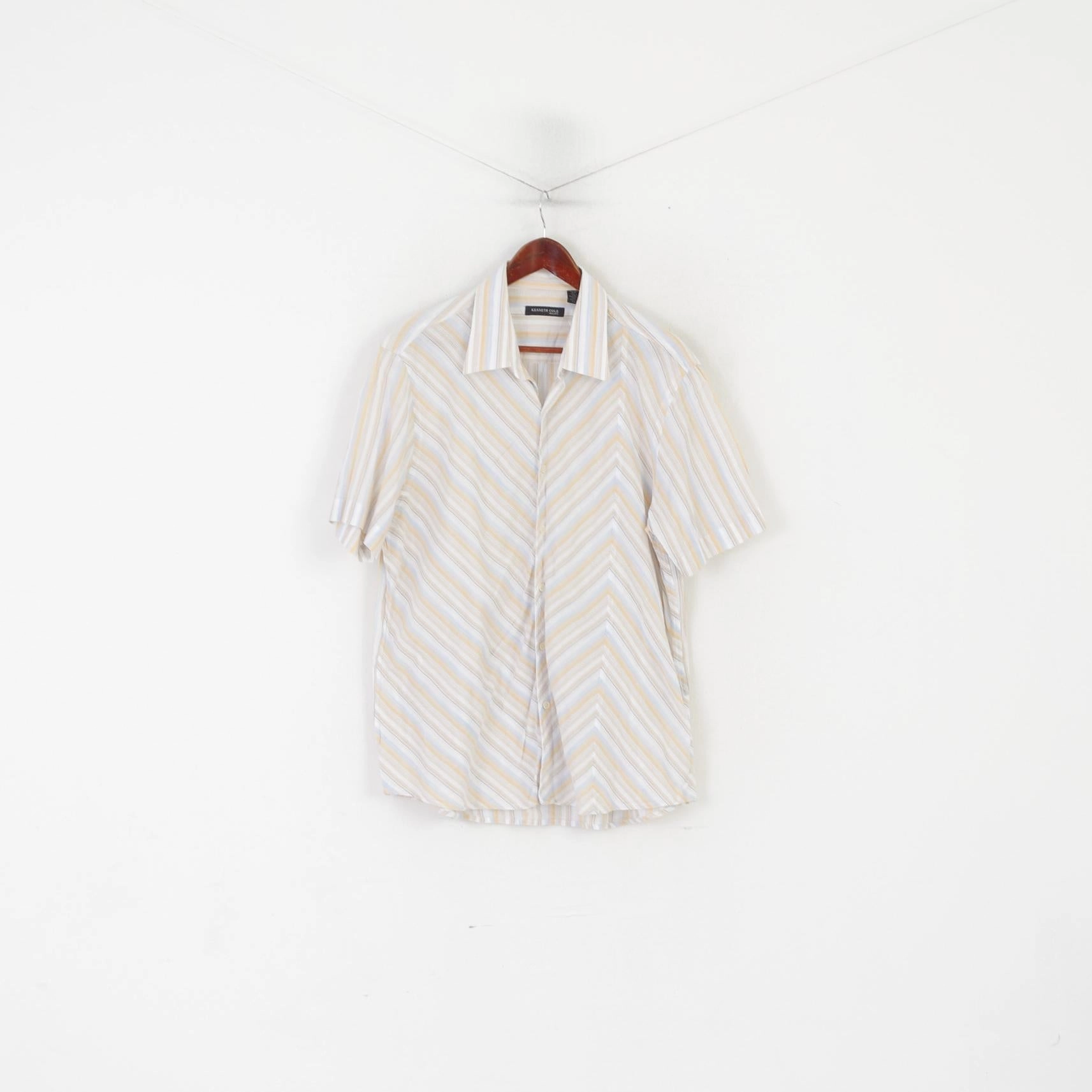 Kenneth Cole Men XL Casual Shirt Beige Striped Cotton Short Sleeeve Top Modern Fit
