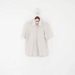 Kenneth Cole Men XL Casual Shirt Beige Striped Cotton Short Sleeeve Top Modern Fit