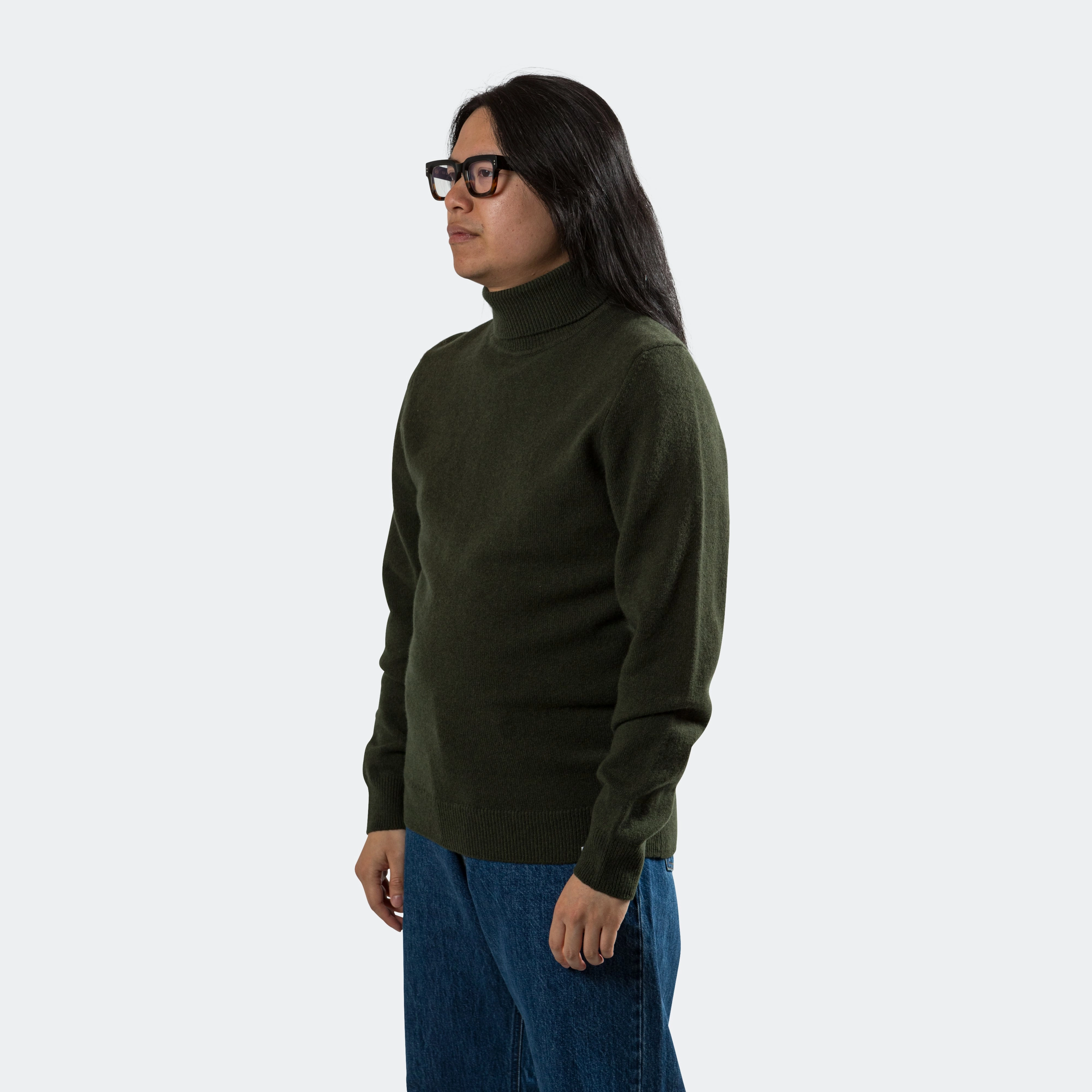 Jacquard Weave Kirk Merino Lambswool Turtleneck - Army Green