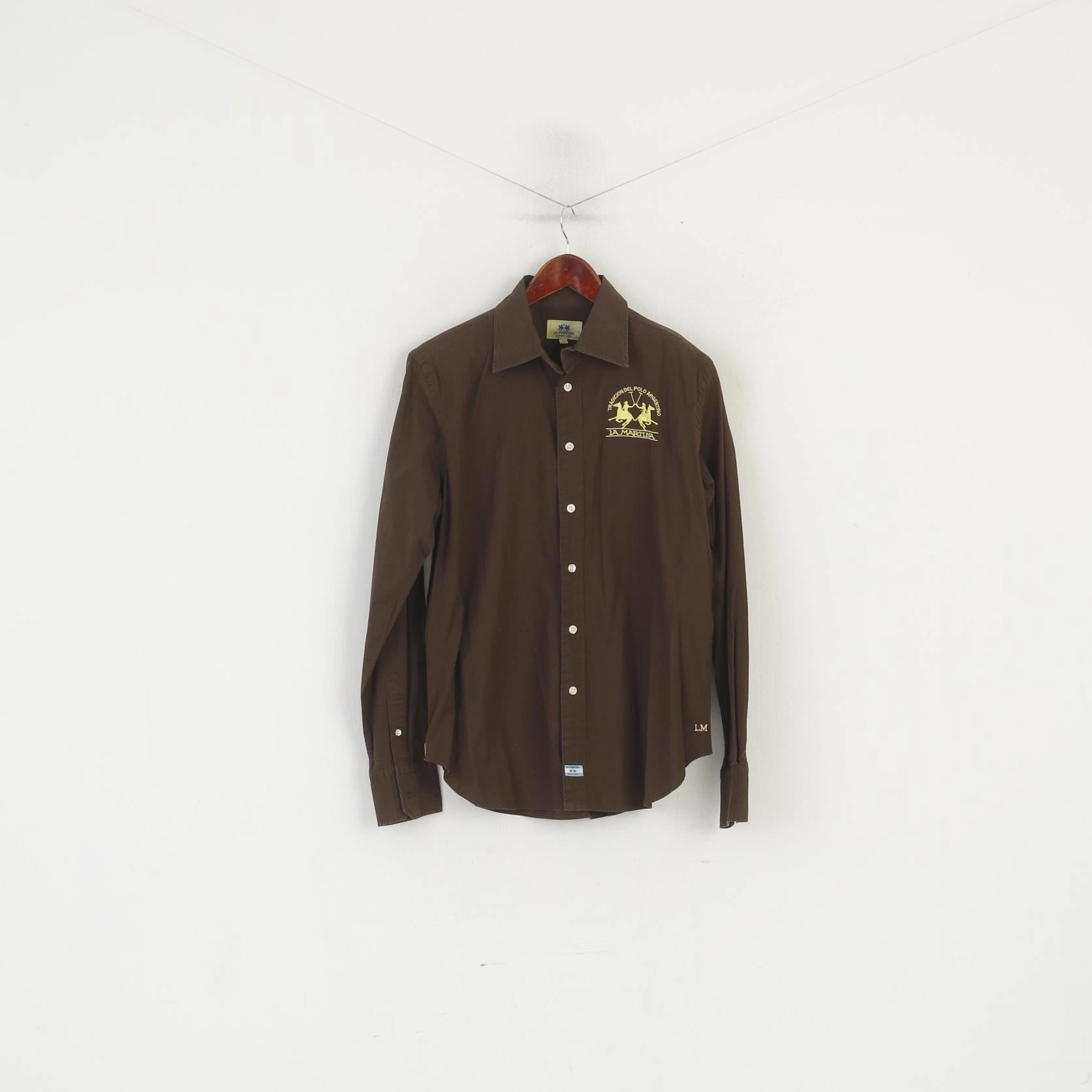 La Martina Men L Casual Shirt Brown Cotton Polo Argentino Long Sleeve Top All-Weather Ready