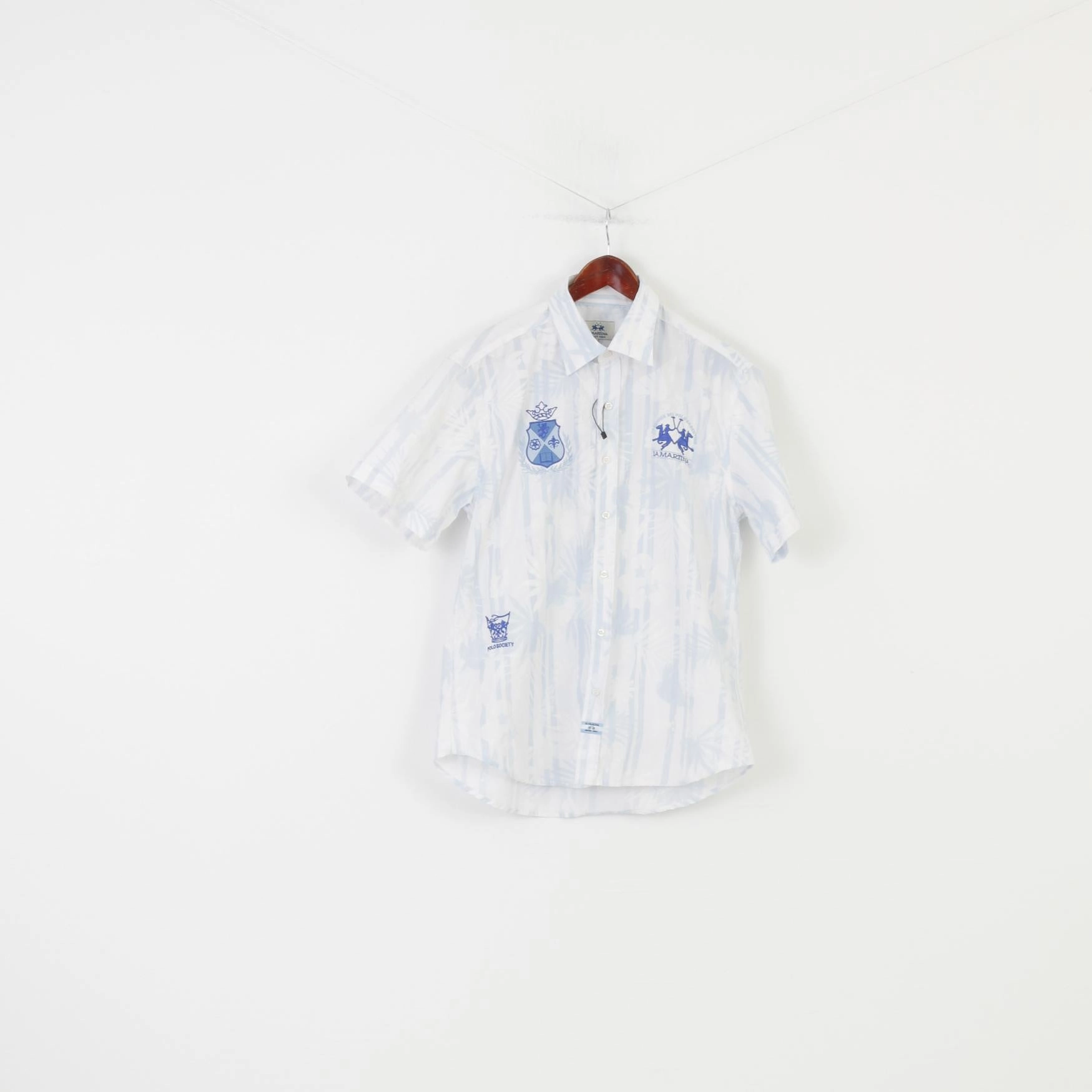 La Martina Men L Casual Shirt Flower Print White Short Sleeve Collar Cotton Vintage Top Friends Meetup Subtle pattern