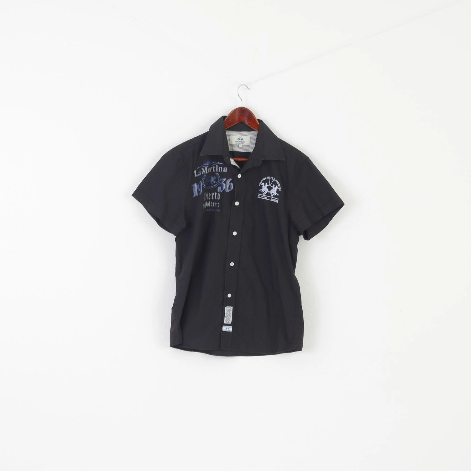 Stretch Material La Martina Men L (M) Casual Shirt Black Cotton Short Sleeve Buenos Aires Top