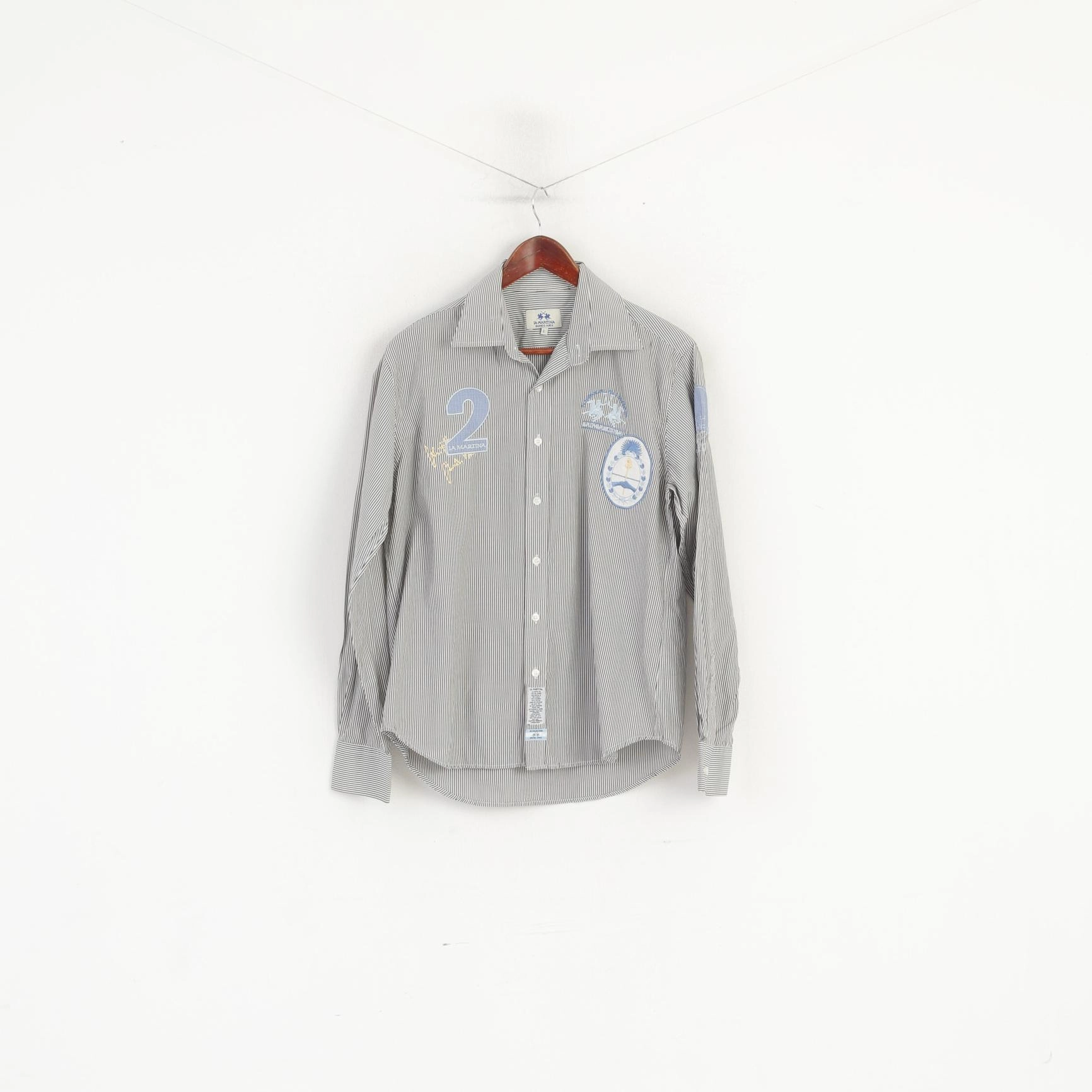 On-The-Go Style Trendsetting Design La Martina Men L (M) Casual Shirt Grey Striped Cotton Polo Buenos Aires Long Sleeve Top