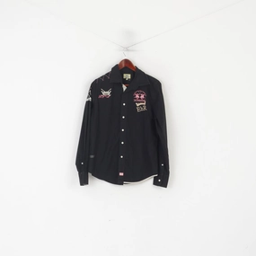 La Martina Men M Casual Shirt Black Cotton The Queen's Lancers Long Sleeve Top Abstract art